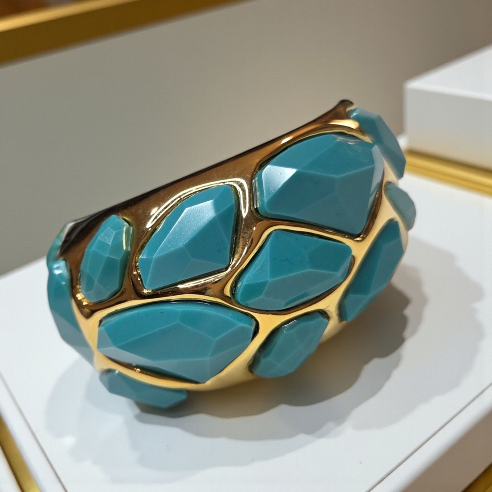 $350 KENNETH LANE Chunky Gold Plated Turquoise Cuff Bracelet